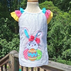 Colorful EasterBunny Appliqué Girl's Top, Ruffled Cap Sleeves, Back Buttons, 6